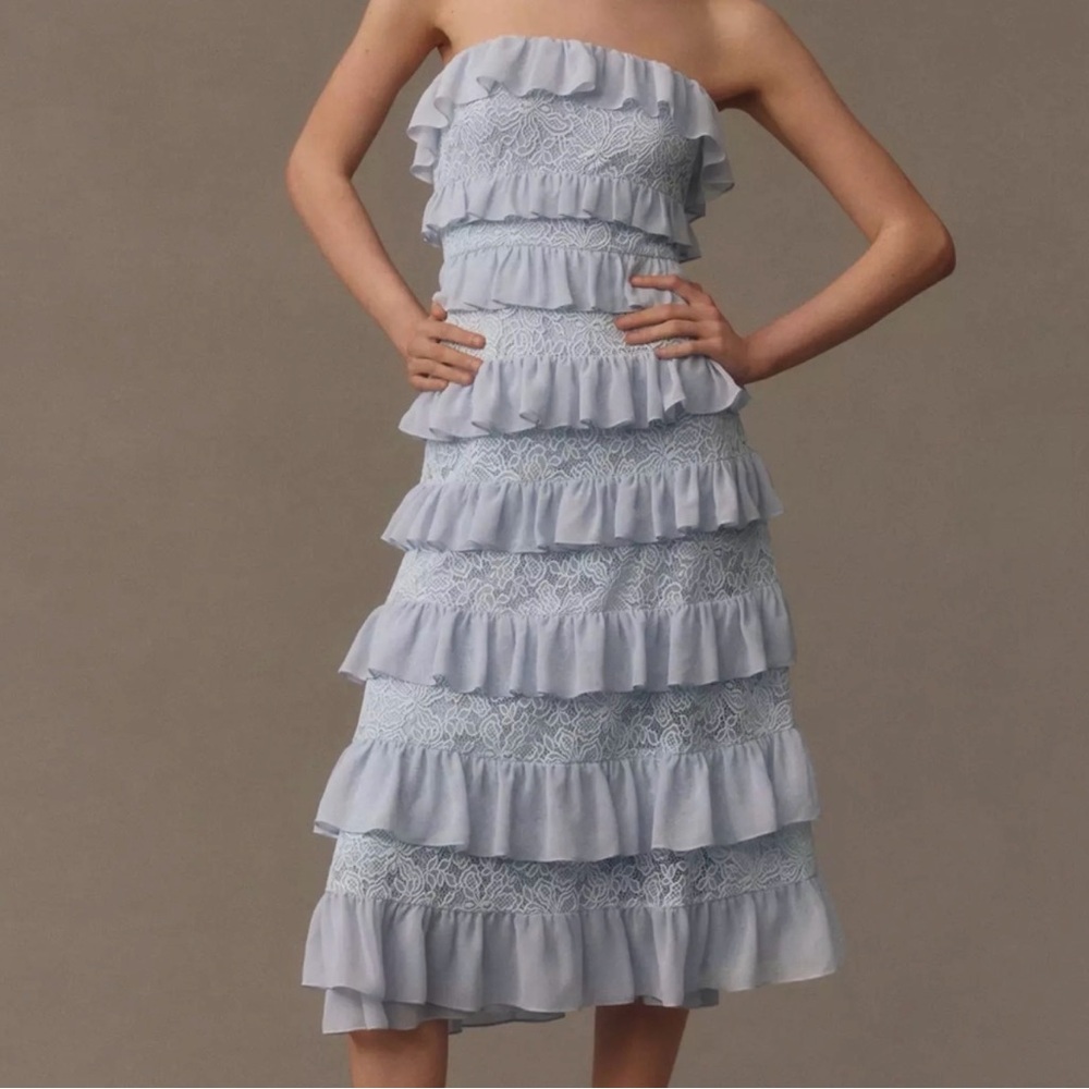 BHLDN Cami Strapless Tiered Chiffon Lace Midi Dress (worn twice)